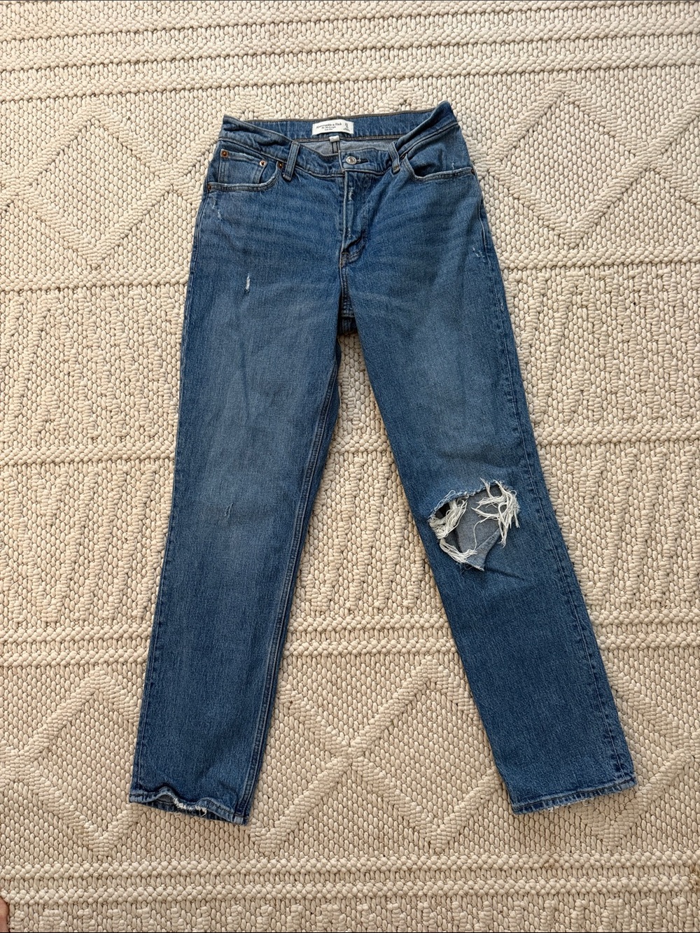 Abercrombie & Fitch Dark Blue Straight Leg Jeans with Knee Rip